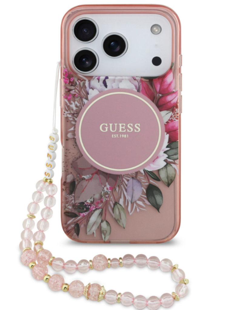 Guess - Coque MagSafe Fleurie avec Cordon Perlé – Rose