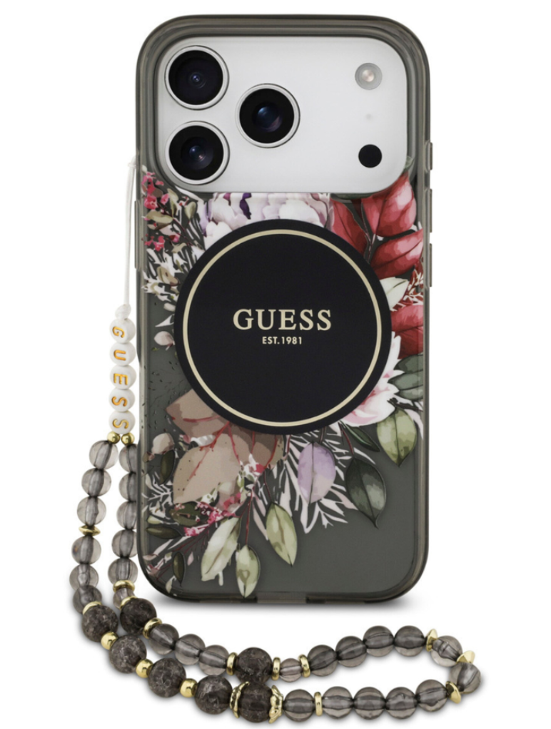 Guess - Coque MagSafe Fleurie avec Cordon Perlé – Noir